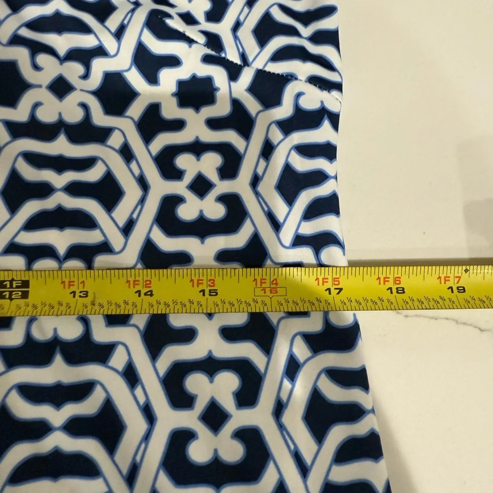 Gretchen Scott, Preppy Ruffle Neck Navy & White Geometric Shift Dress, Size S - Picture 13 of 14